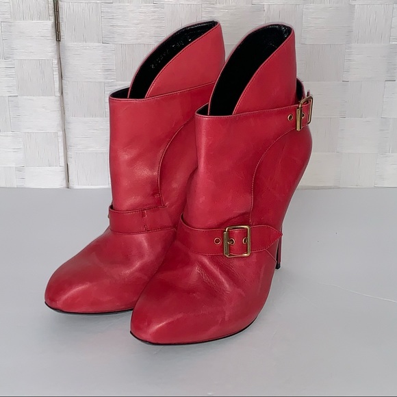 Alexander Mc Queen Red Italy Leather Buckle Heel Ankle Boots 38.5 US 8 - Picture 5 of 14
